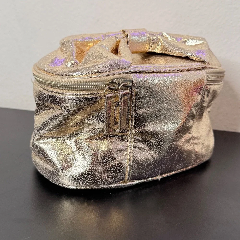 Victoria's Secret Cosmetic Bag Gold Metallic Crackle Bow Vanity Case Makeup Bag